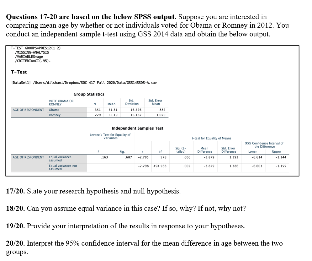 Solved Questions 17-20 are based on the below SPSS output. | Chegg.com