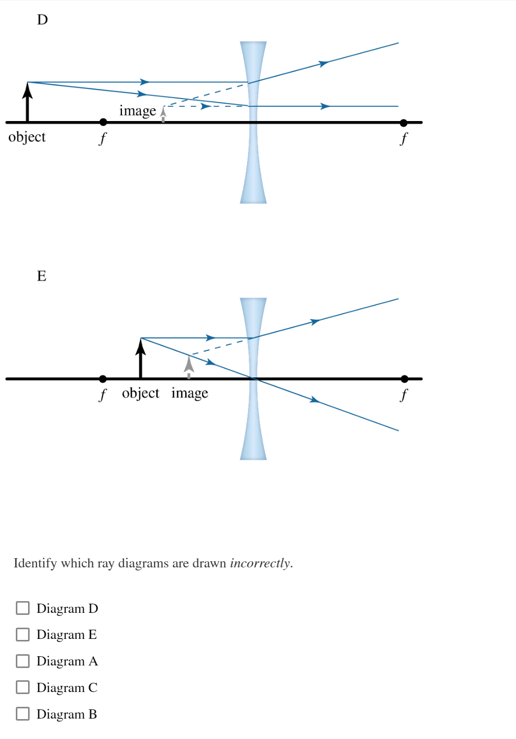 Identify which ray diagrams are drawn incorrectly.
Diagram D
Diagram E
Diagram A
Diagram C
Diagram B