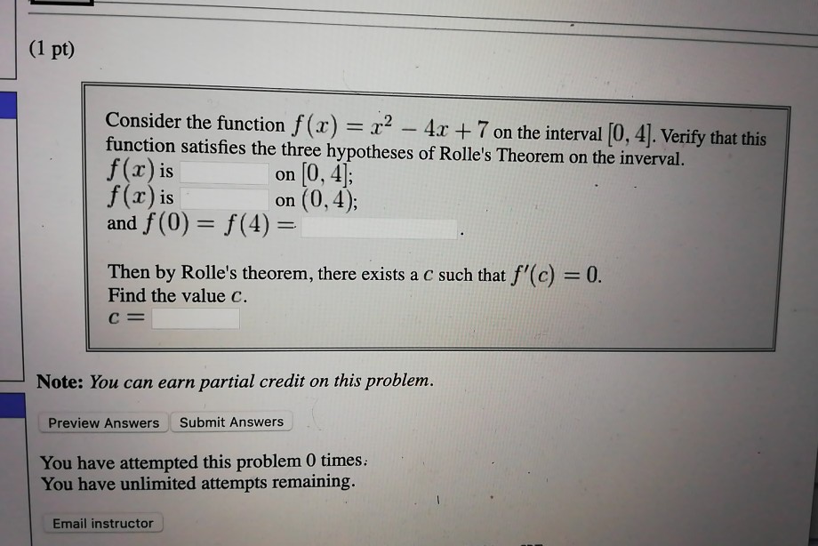Solved (1 pt) Consider the function f (x) = x -4x +7 on the | Chegg.com
