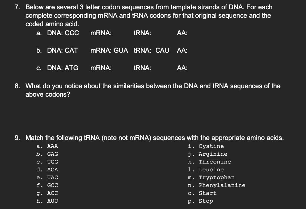 Solved 7. Below are several 3 letter codon sequences from | Chegg.com