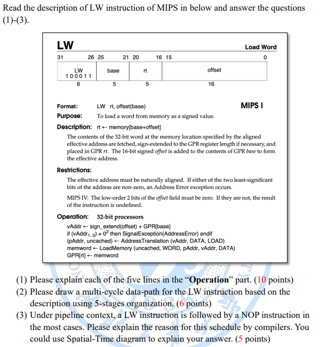 Read the description of LW instruction of MIPS in | Chegg.com