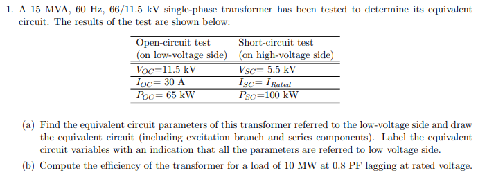 Solved 1. A 15 MVA, 60 Hz, 66/11.5 kV single-phase | Chegg.com