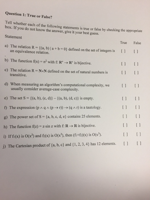 Solved Question 1: True Or False? Tell Whether Each Of The | Chegg.com