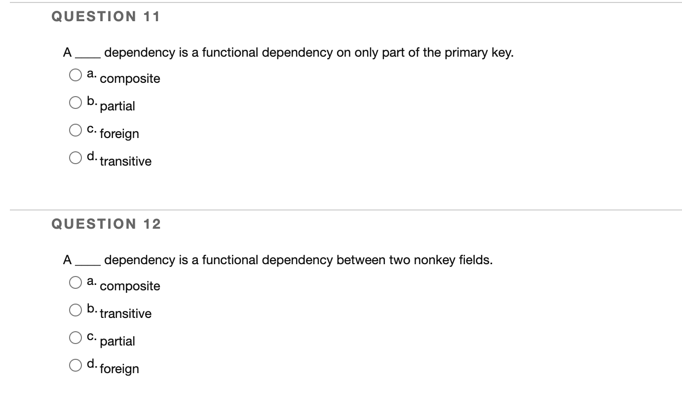 Solved QUESTION 11 A Dependency Is A Functional Dependency | Chegg.com