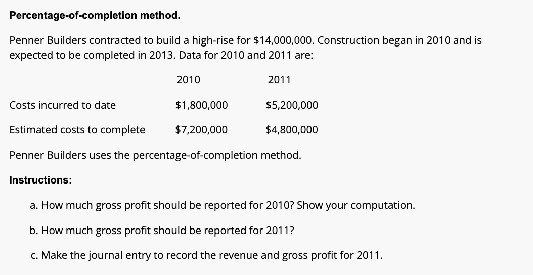 Solved Percentage-of-completion method. Penner Builders | Chegg.com