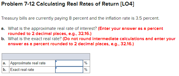 Solved Problem 7-12 Calculating Real Rates of Return (LO4] | Chegg.com