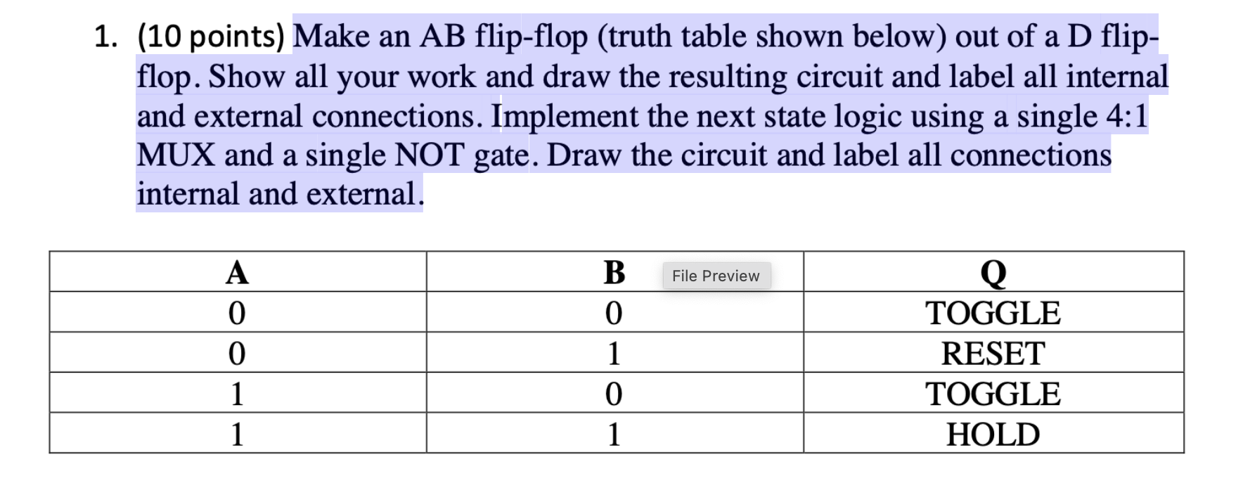 Solved (10 Points) Make An AB Flip-flop (truth Table Shown | Chegg.com