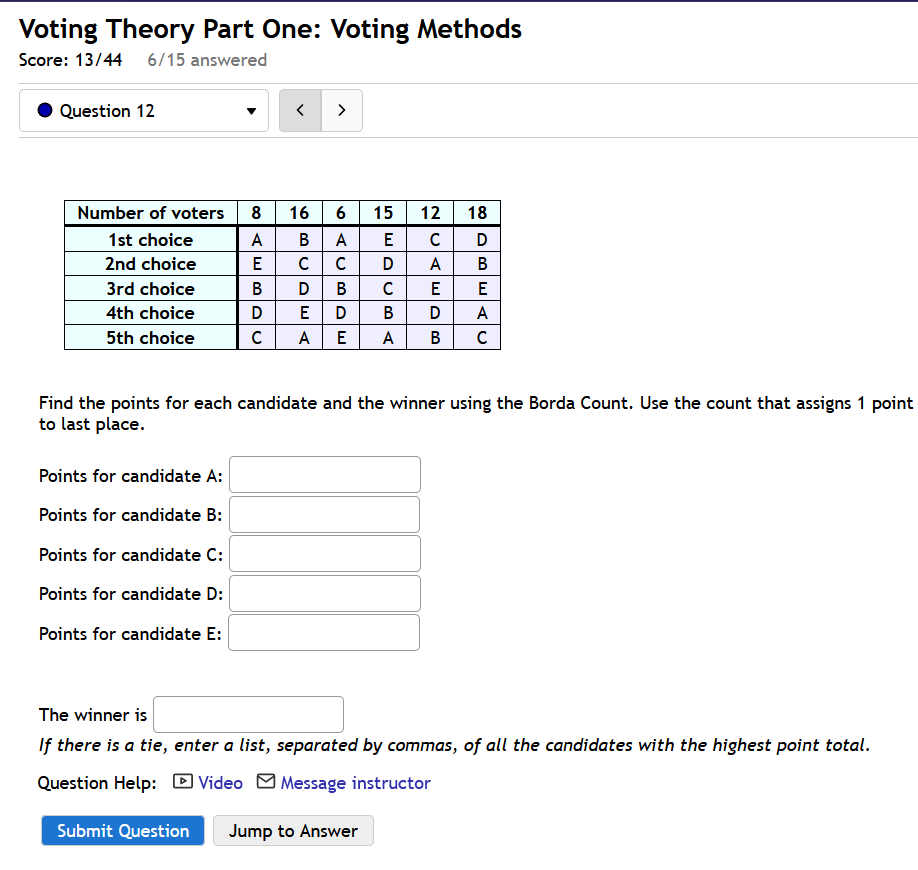 Solved Voting Theory Part One: Voting Methods Score: | Chegg.com