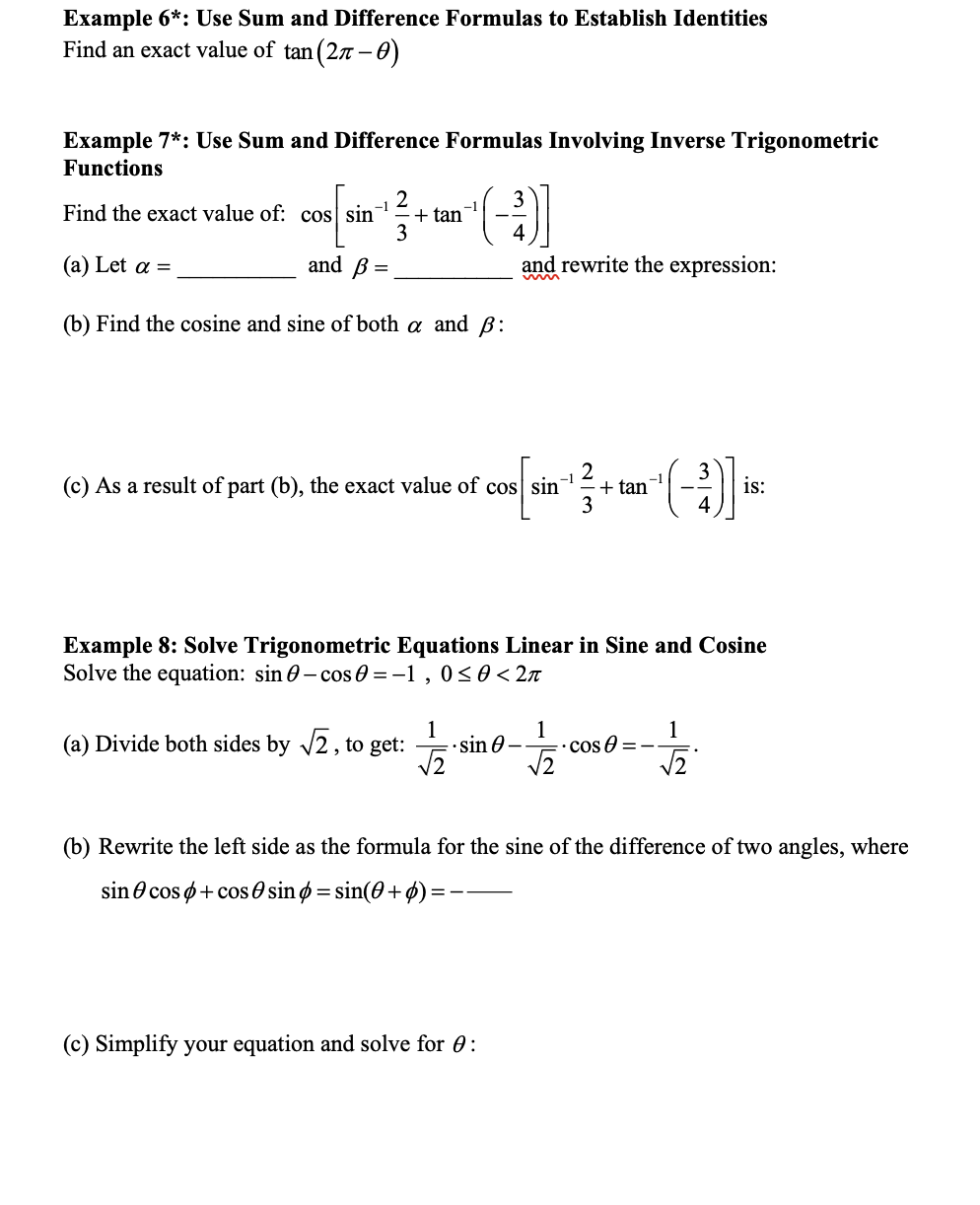 Solved Example 6*: Use Sum and Difference Formulas to | Chegg.com