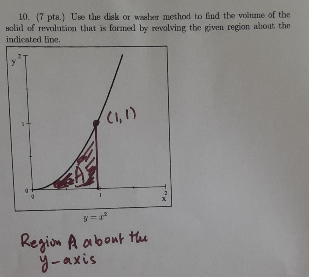 Solved 10. (7 pts. Use the disk or washer method to find the | Chegg.com