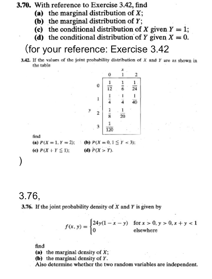 Marginal Distribution Practice Solved 3.70. With reference to Exercise 3.42, find (a) the | Chegg.com