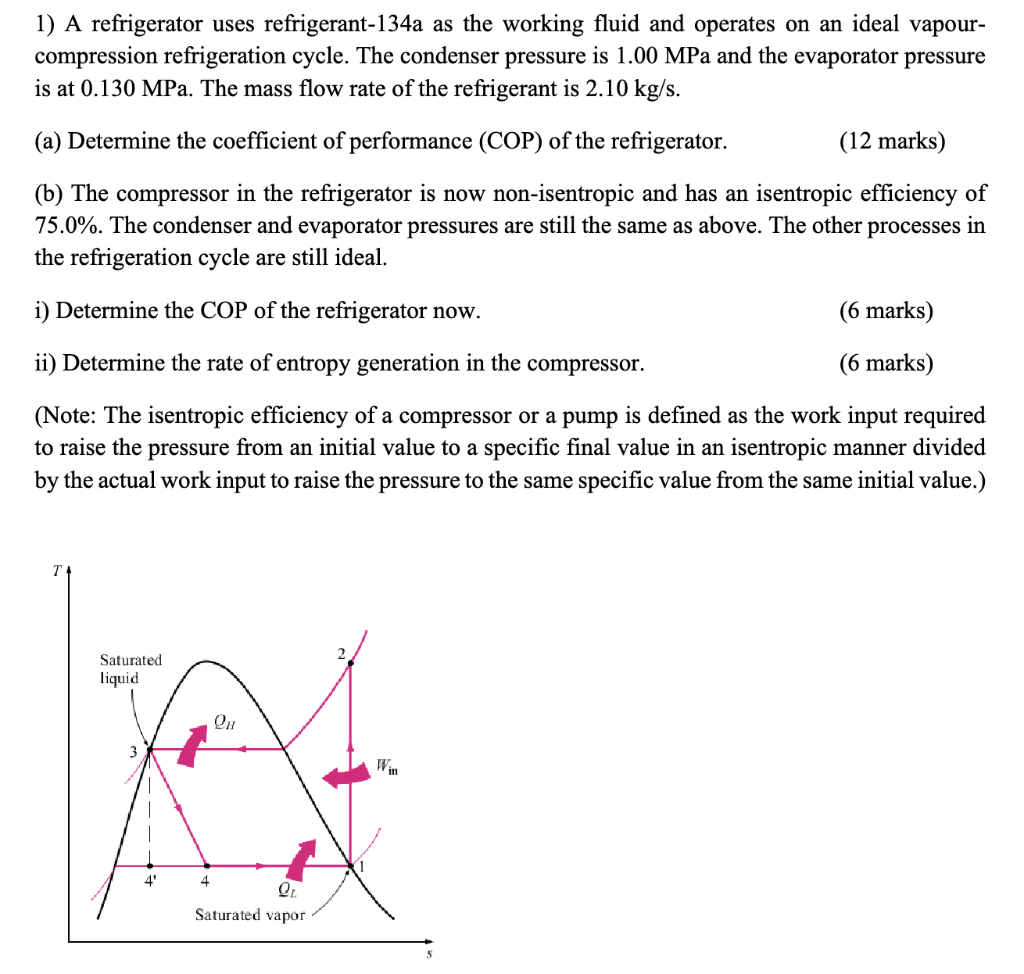 Solved 1) A refrigerator uses refrigerant 134a as the