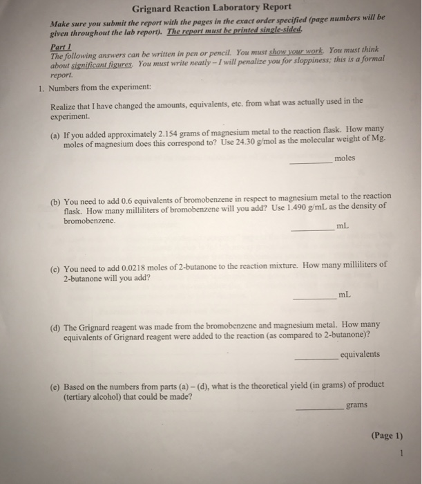 Solved Grignard Reaction Laboratory Report will be Make sure | Chegg.com