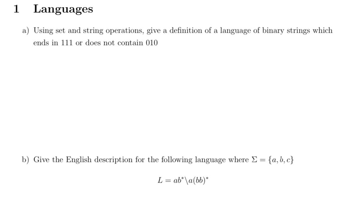 Solved 1 Languages a) Using set and string operations, give | Chegg.com