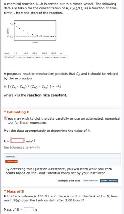 Solved A chemical reaction A→B is carried out in a closed | Chegg.com