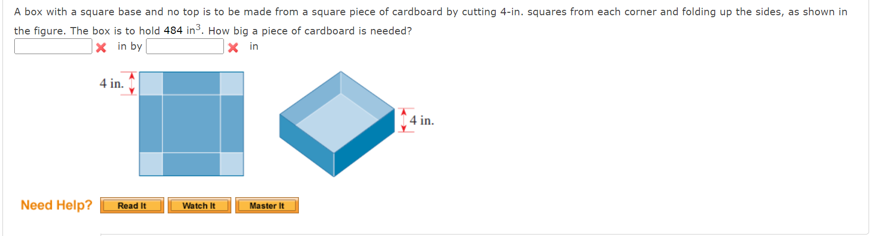 Solved A box with a square base and no top is to be made | Chegg.com