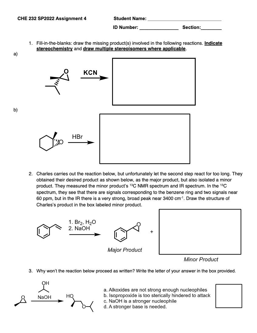 Solved CHE 232 SP2022 Assignment 4 Student Name: ID Number: | Chegg.com