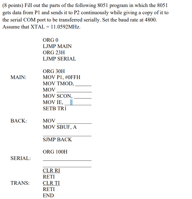 Solved (8 points) Fill out the parts of the following 8051 | Chegg.com