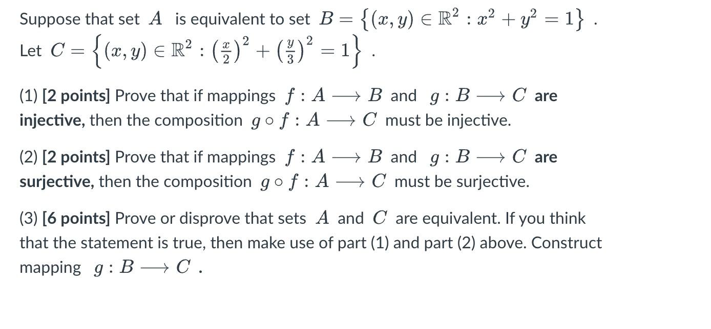 Suppose that set \( A \) is equivalent to set \( B=\left\{(x, y) \in \mathbb{R}^{2}: x^{2}+y^{2}=1\right\} \).
Let \( C=\left