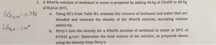 Solved A 40wt% solution of methanol in water is prepared by | Chegg.com