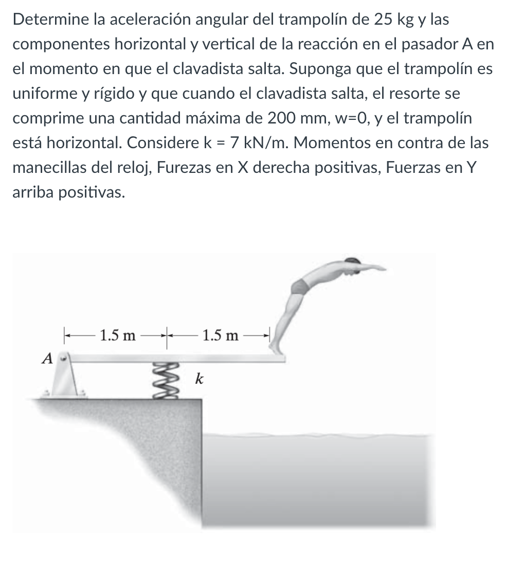 Determine la aceleración angular del trampolín de 25 kg y las componentes horizontal y vertical de la reacción en el pasador