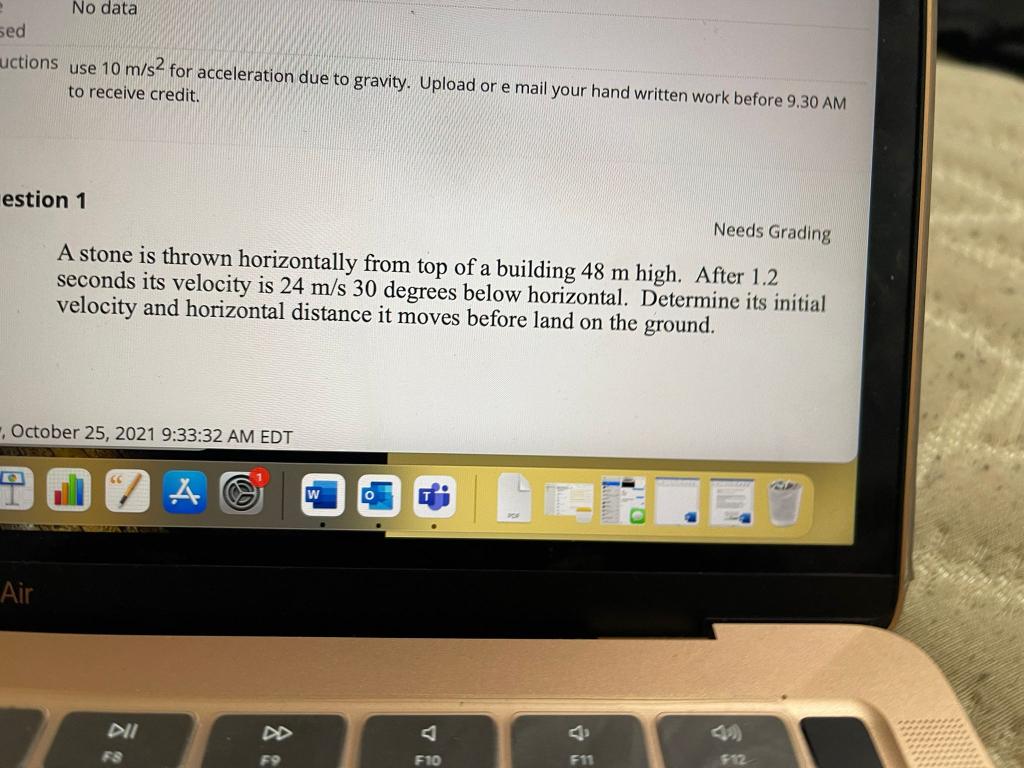 Solved a stone is thrown horizontally from the top of a | Chegg.com