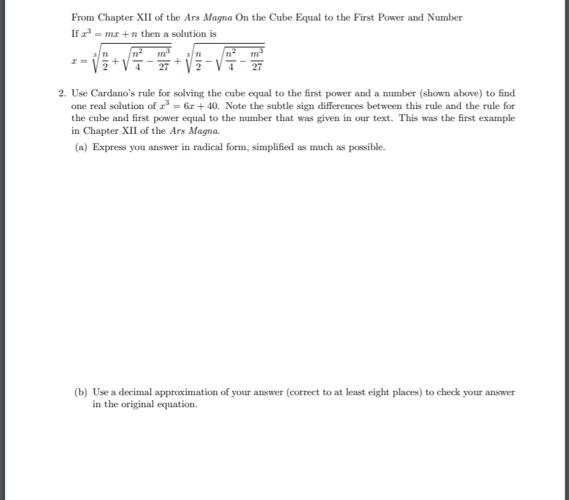 Solved From Chapter XII of the Ars Magna On the Cube Equal | Chegg.com