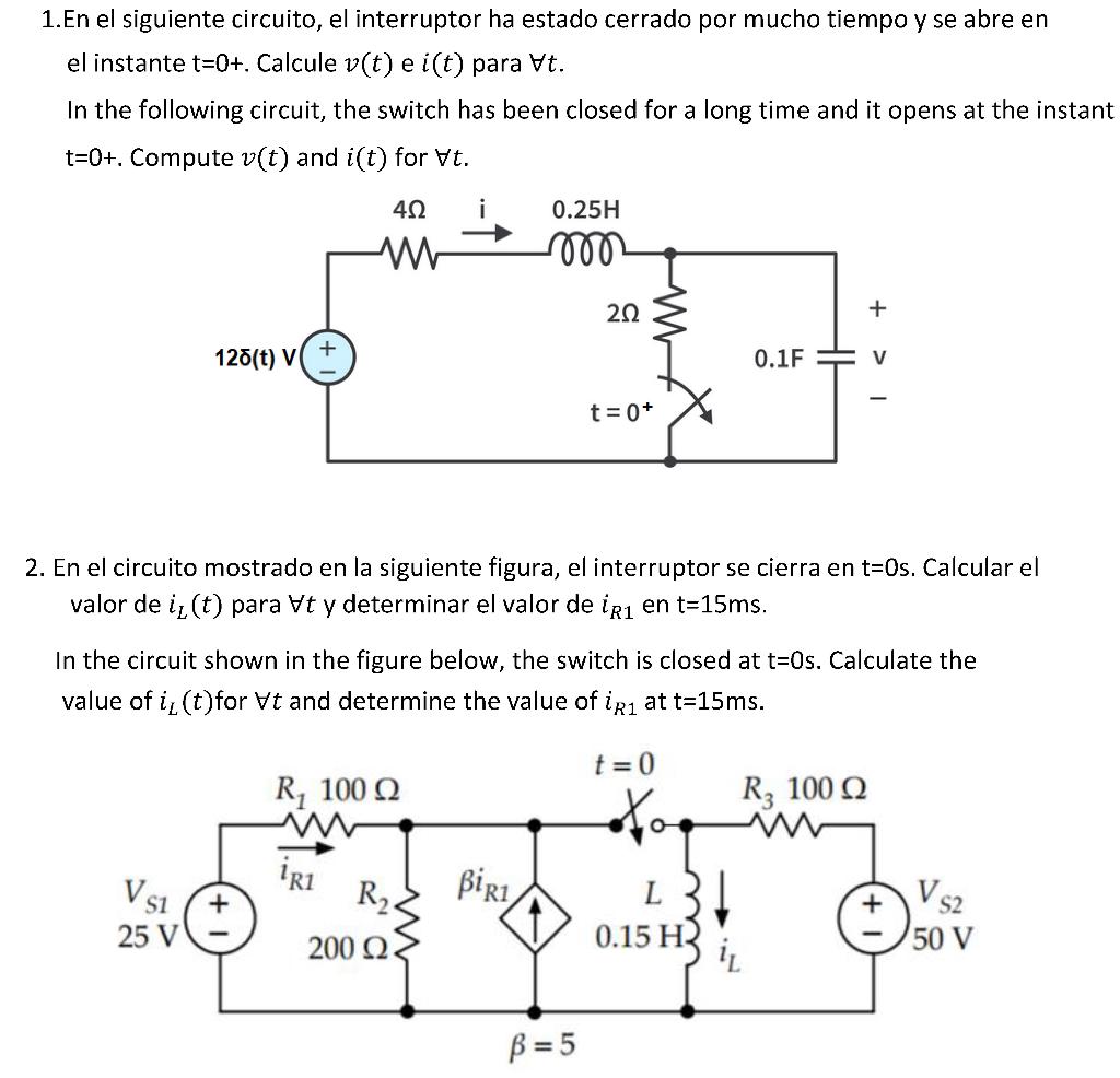 1.En el siguiente circuito, el interruptor ha estado cerrado por mucho tiempo y se abre en el instante \( t=0+ \). Calcule \(