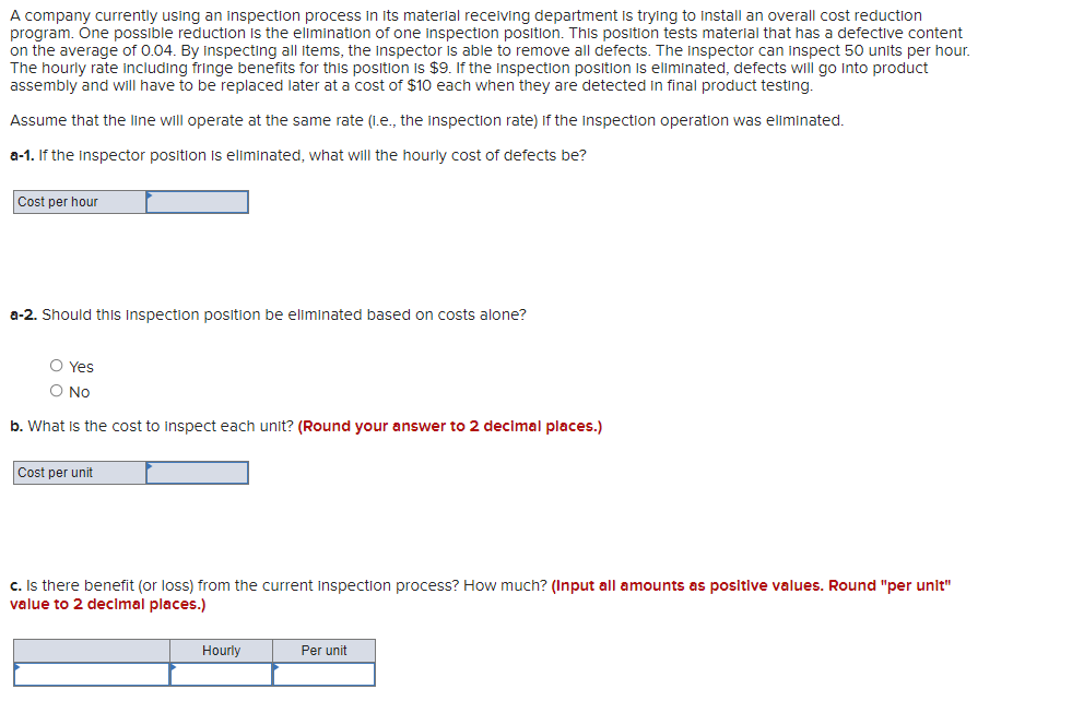 Solved A company currently using an inspection process in | Chegg.com