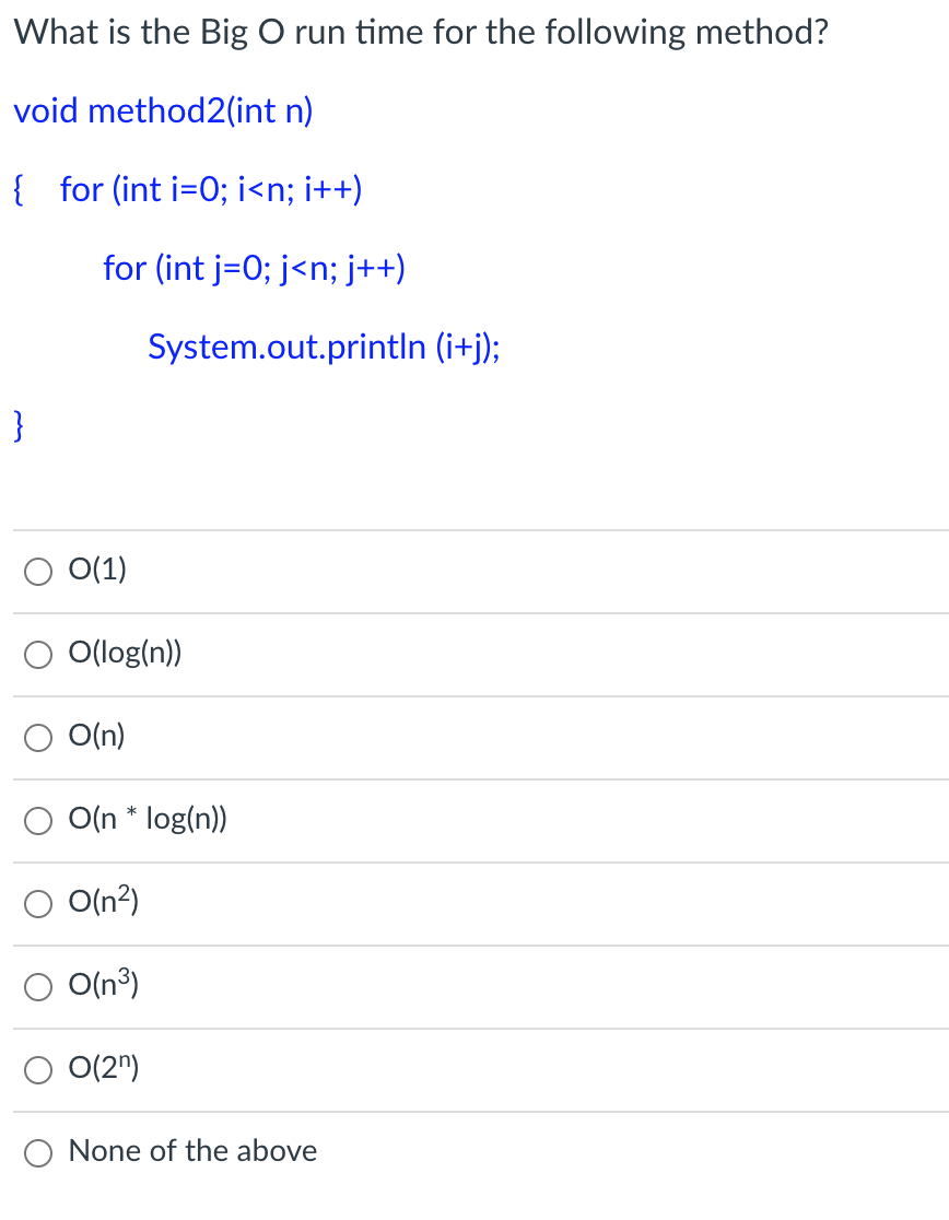 Solved What is the Big O run time for the following method? | Chegg.com