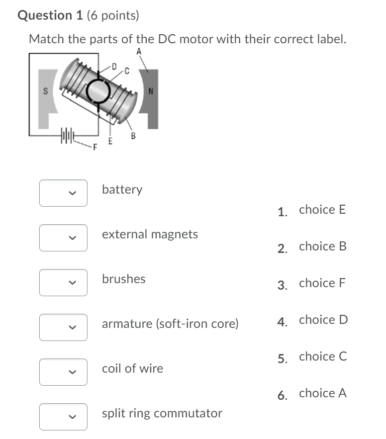 Solved Question 1 (6 points) Match the parts of the DC motor | Chegg.com