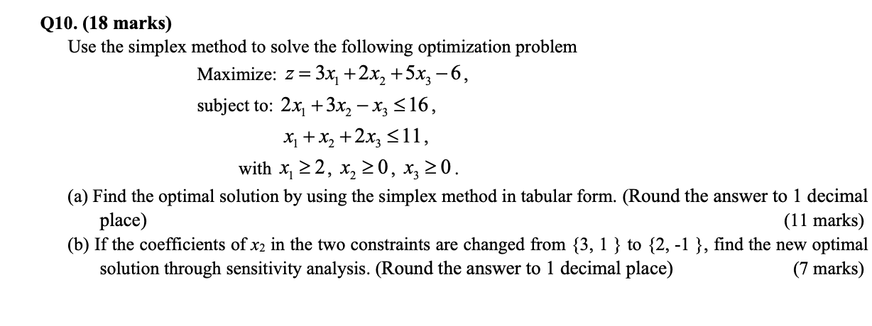 Solved Q10. (18 marks) Use the simplex method to solve the | Chegg.com