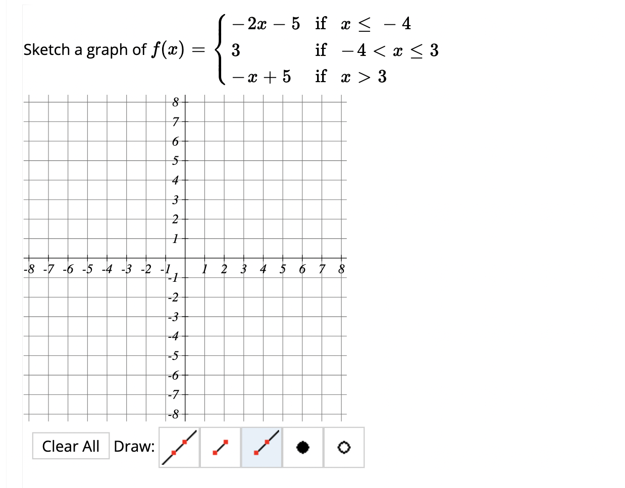 Solved f(x)=⎩⎨⎧−2x−53−x+5 if x≤−4 if −4 | Chegg.com