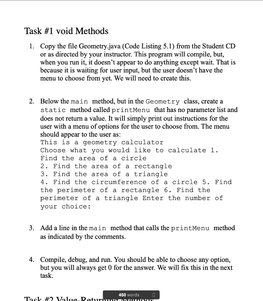 Solved Task #1 void Methods 1. Copy the file Geometry.java | Chegg.com