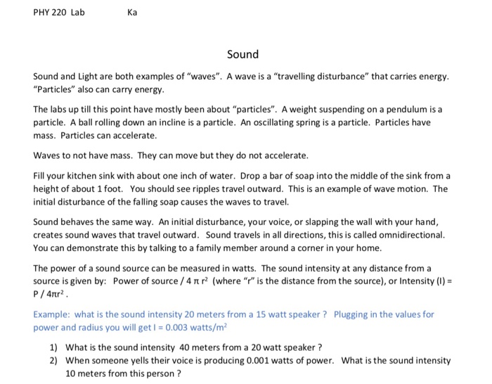 Solved PHY 220 Lab Sound Sound and Light are both examples | Chegg.com