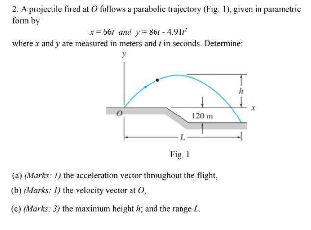 Solved 2. A projectile fired at O follows a parabolic | Chegg.com