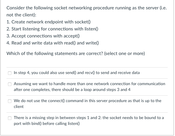 Solved Consider the following socket networking procedure | Chegg.com