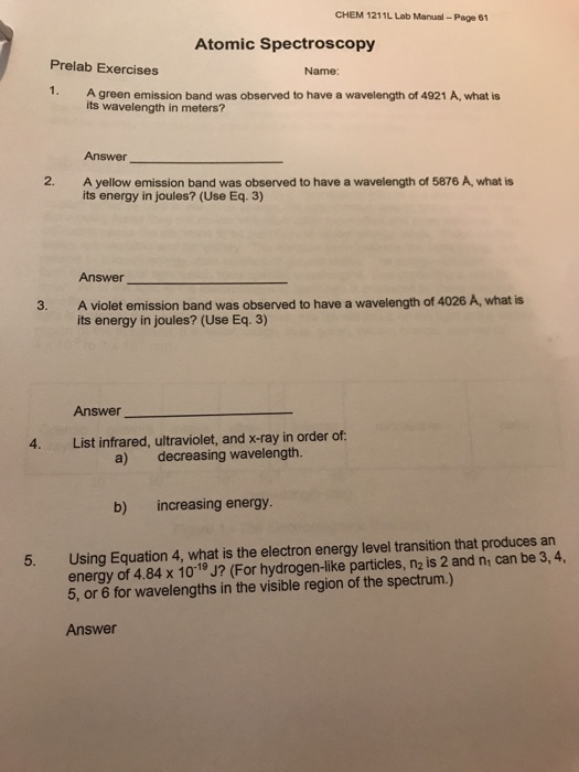 Solved CHEM 1211L Lab Manual Page 61 Atomic Spectroscopy