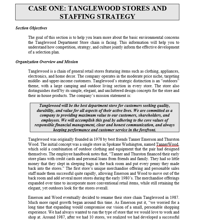 Solved CASE ONE: TANGLEWOOD STORES AND STAFFING STRATEGY | Chegg.com