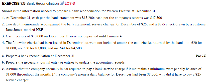 Solved EXERCISE 7.5 Bank Reconciliation 순 LO7-3 Shown is the | Chegg.com