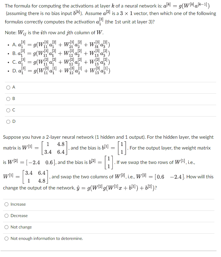 Solved The formula for computing the activations at layer k | Chegg.com