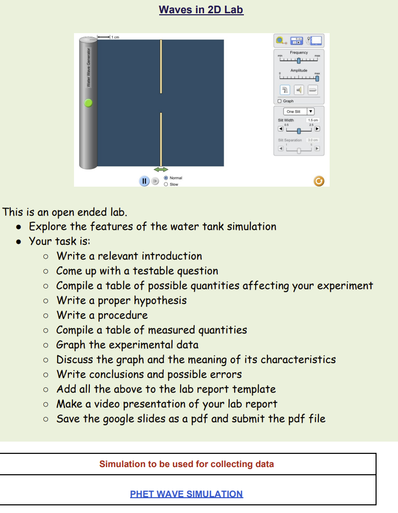 Waves in 2D Lab
This is an open ended lab.
- Explore the features of the water tank simulation
- Your task is:
- Write a rele