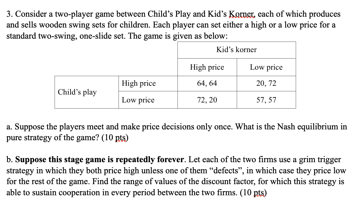 Solved 3. Consider a twoplayer game between Child's Play