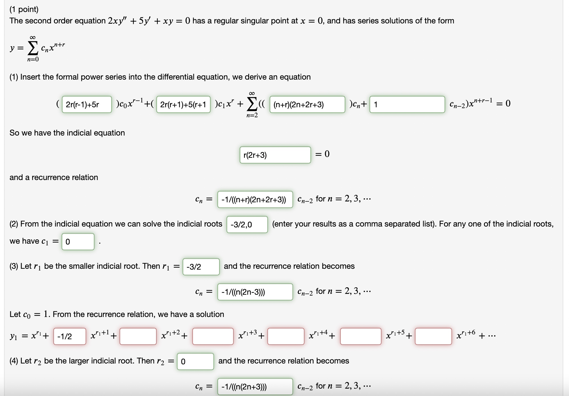 Solved (1 point) The second order equation 2xy′′+5y′+xy=0 | Chegg.com