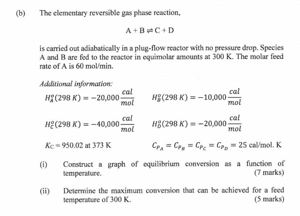 Solved (b) The elementary reversible gas phase reaction, | Chegg.com