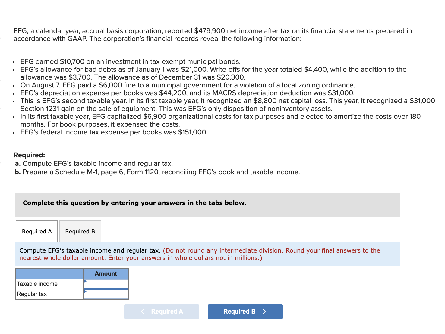 Solved EFG, a calendar year, accrual basis corporation, | Chegg.com