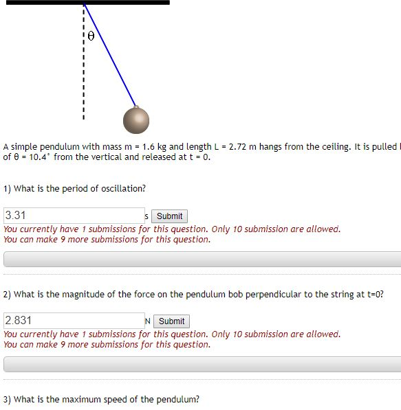 Solved A simple pendulum with mass m = 1.6 kg and length L = | Chegg.com