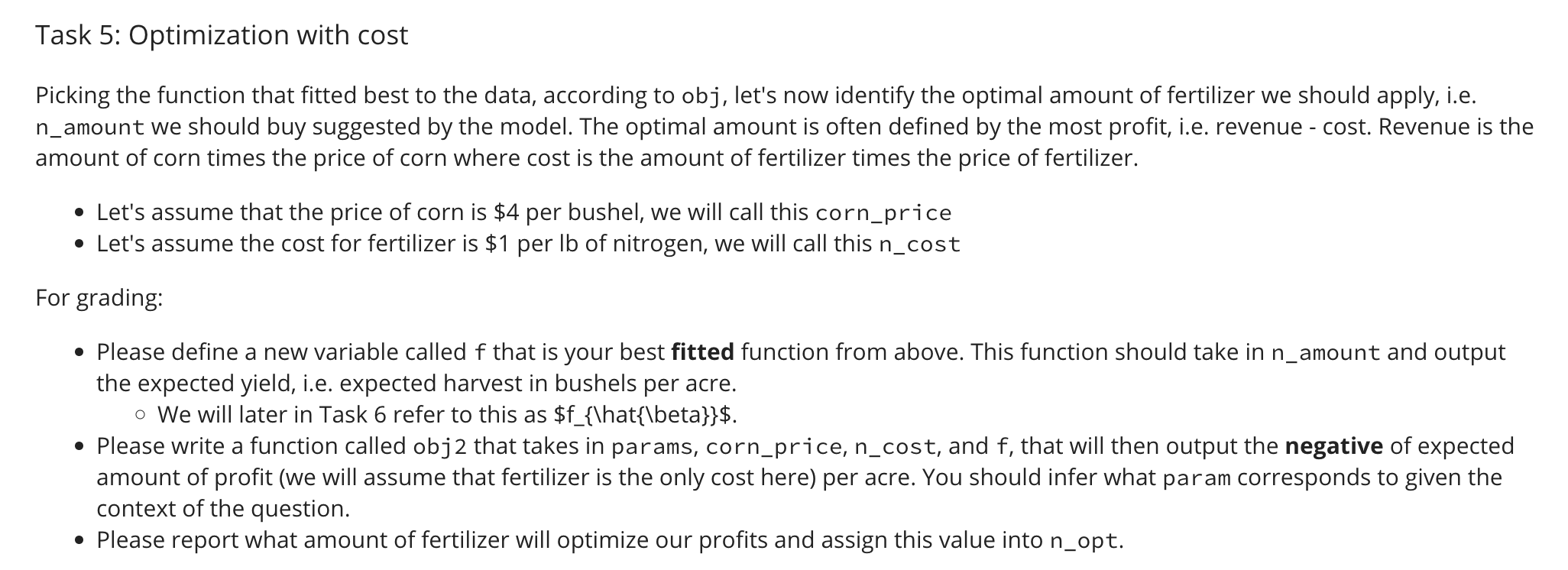 Task 5: Optimization with cost Picking the function | Chegg.com