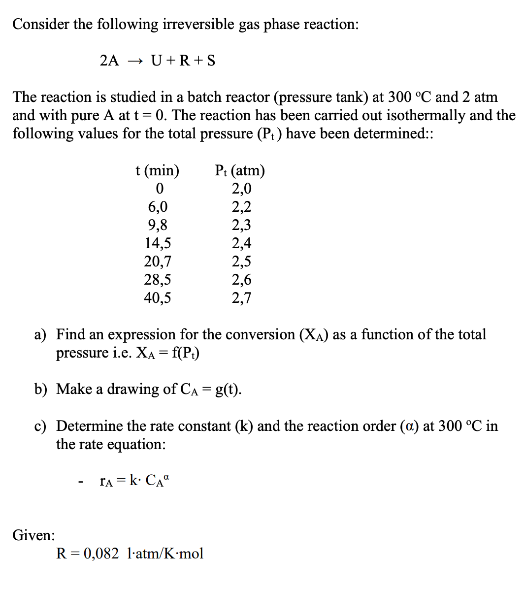 Solved Consider The Following Irreversible Gas Phase | Chegg.com