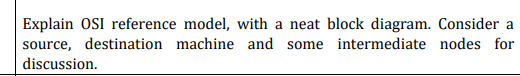 Explain OSI reference model, with a neat block diagram. Consider a source, destination machine and some intermediate nodes fo